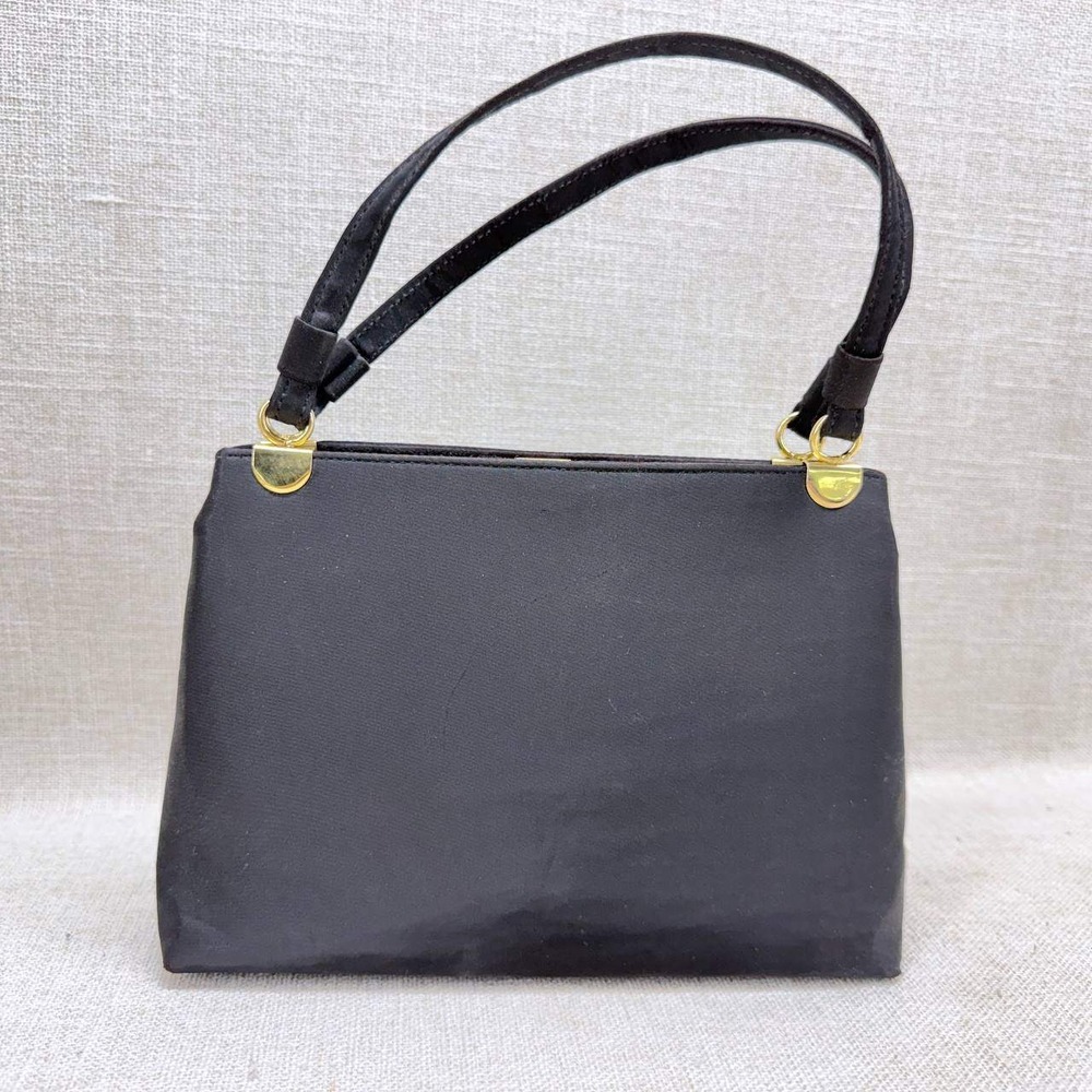 Miss Lewis Vintage Black Satin Evening Bag Gold Kiss Lock Triple Compartment